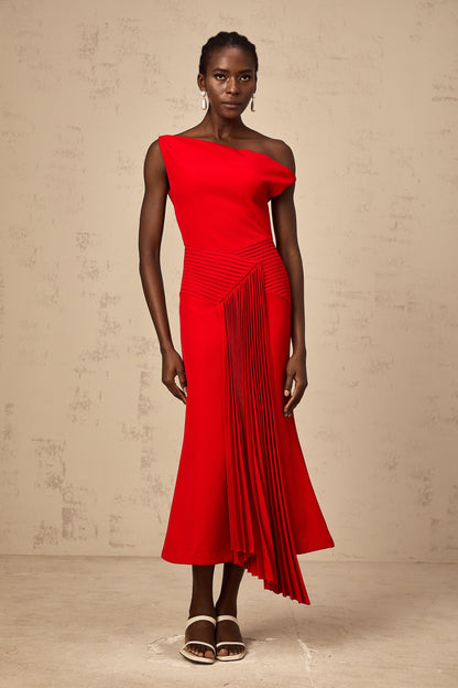 Laurine asymmetric draped midi dress in Red