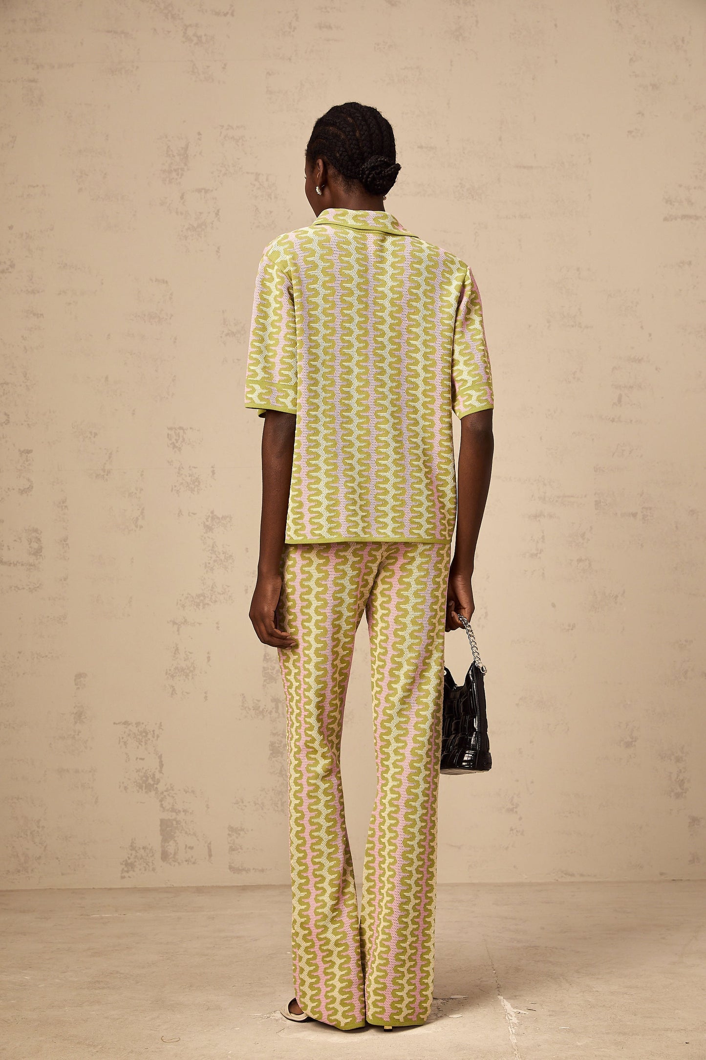 Ophélie green color-block knitted shirt & trousers matching set
