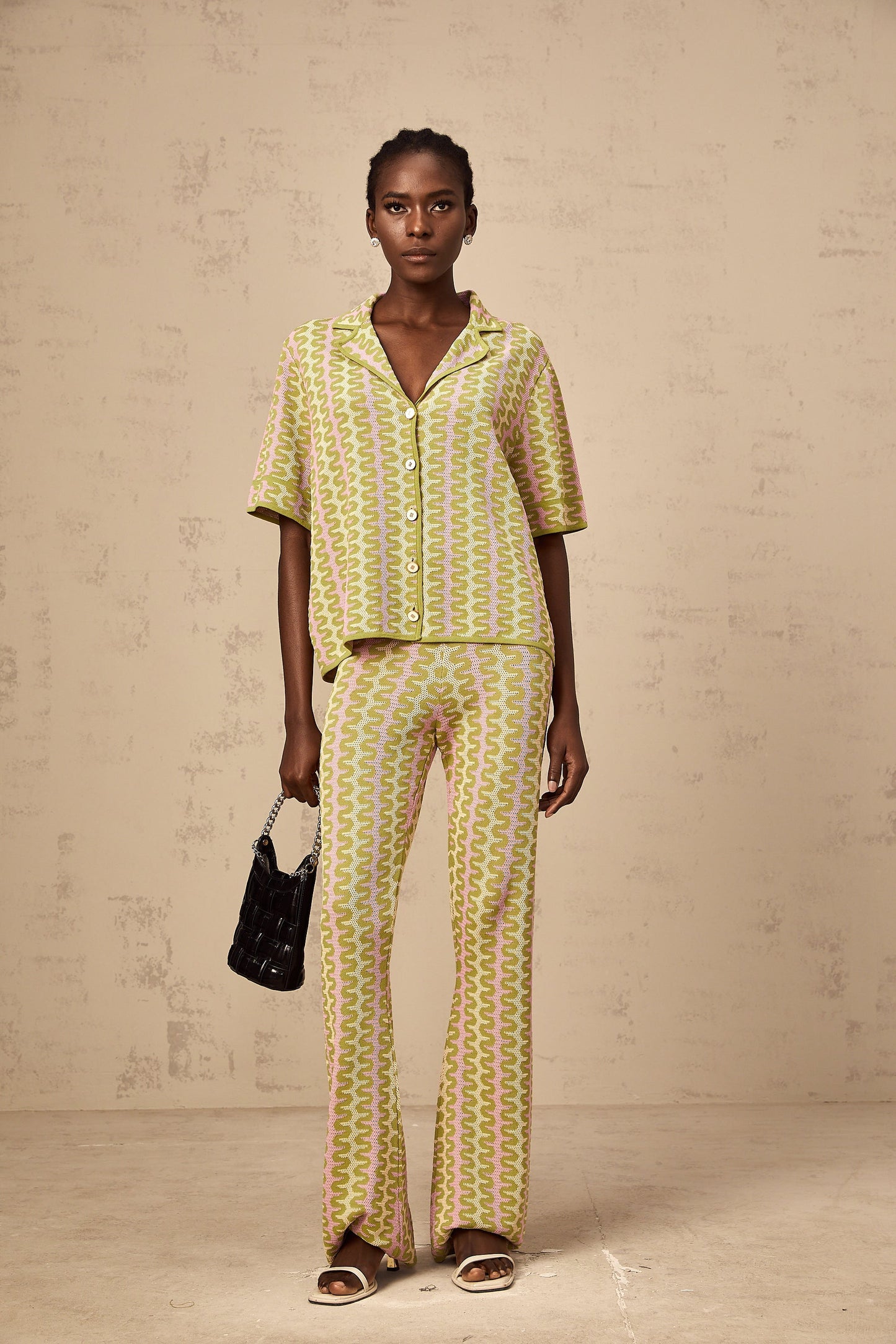 Ophélie green color-block knitted shirt & trousers matching set