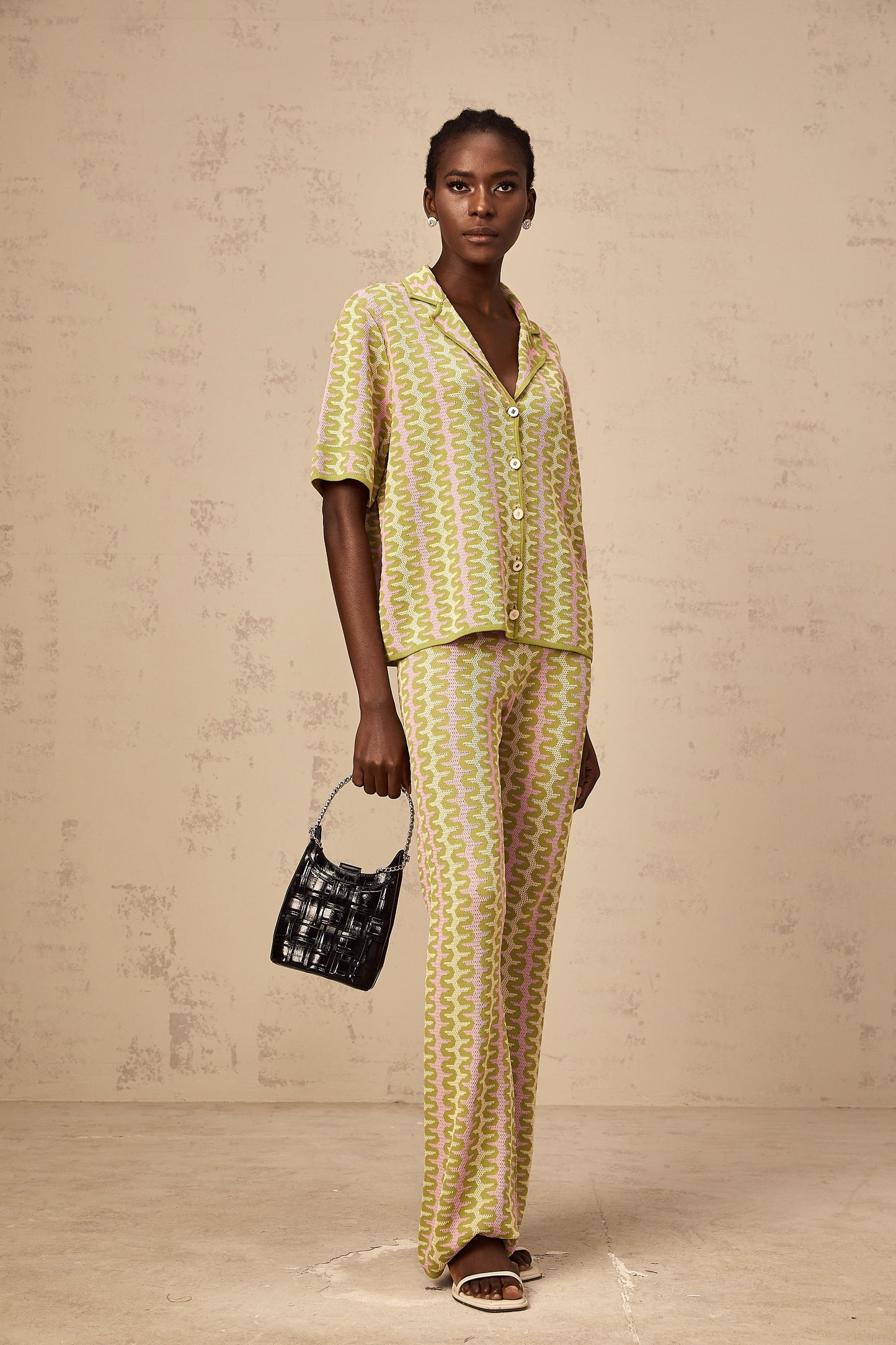 Ophélie green color-block knitted shirt & trousers matching set