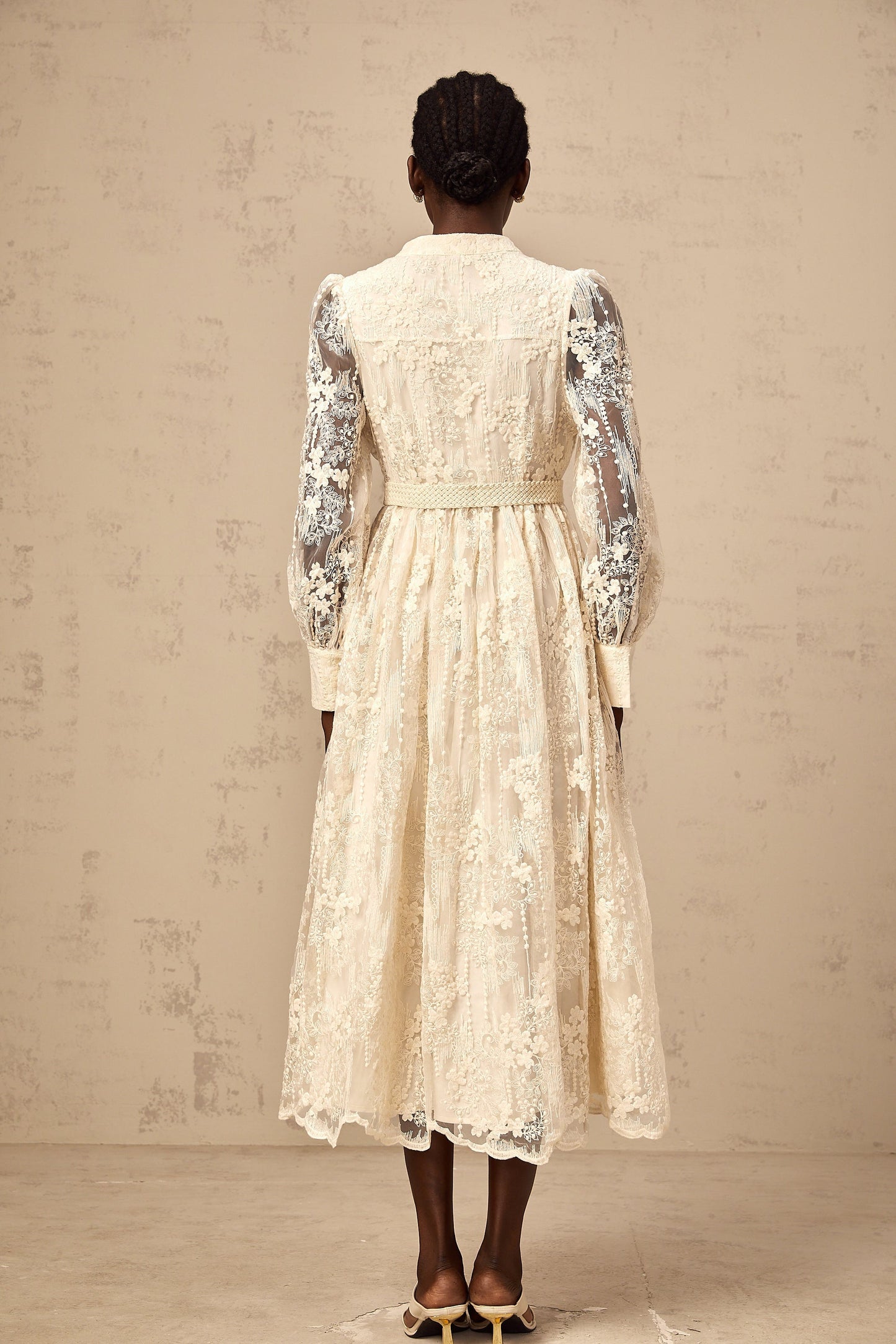 Roxane neutrals lace-embroidery midi dress