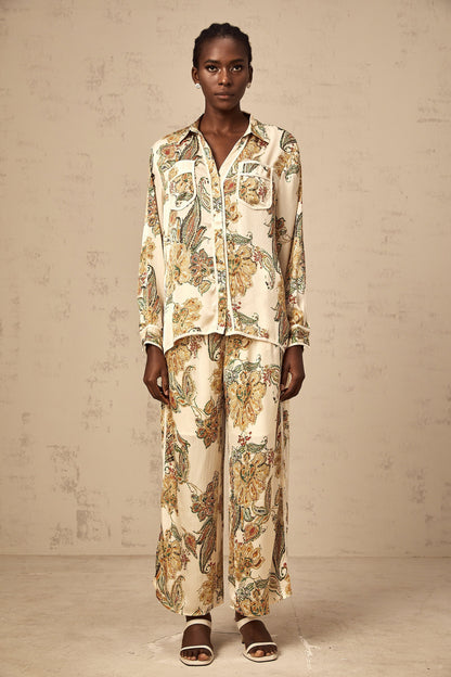 Agnès neutrals floral-print shirt & trousers matching set