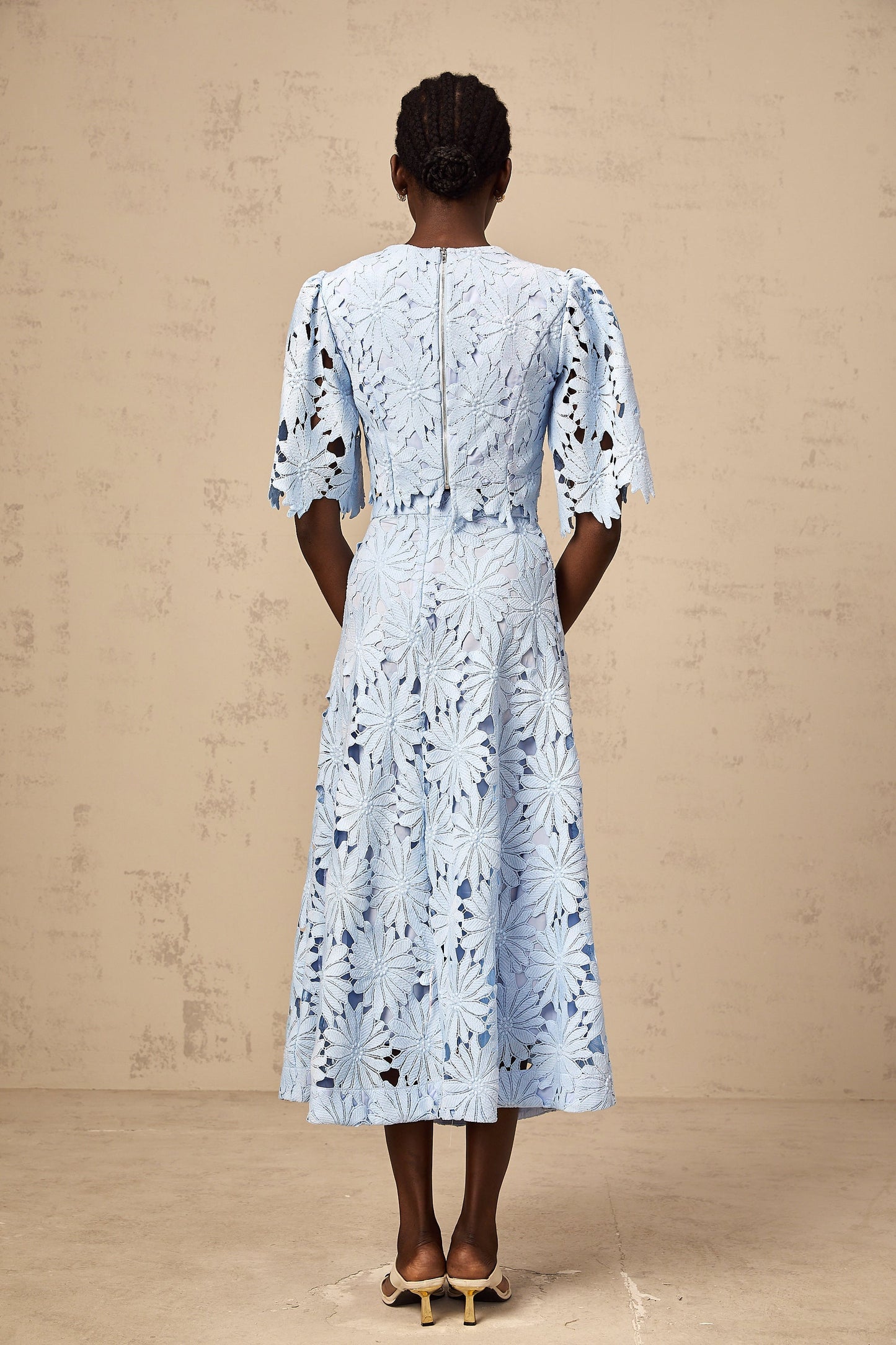 Audrey blue guipure-lace top & skirt matching set