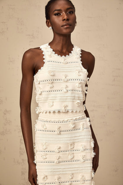 Paola white pointelle-trim knit top & skirt matching set