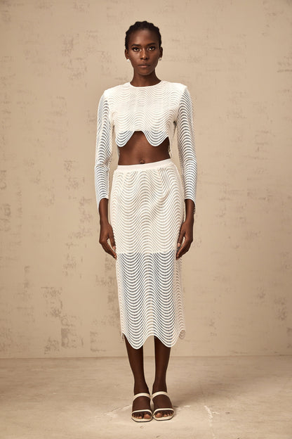Constance white wavy woven top & skirt matching set
