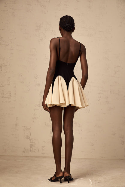 Justine color-blocked godet pleated mini dress