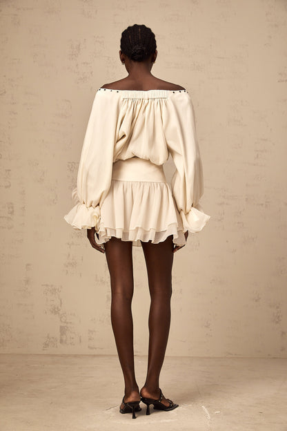 Perrine self-tie ruffled blouse & skirt matching set