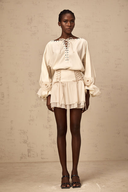 Perrine self-tie ruffled blouse & skirt matching set