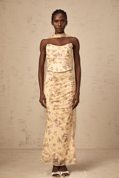 Alizée yellow floral-print fitted top & skirt matching set