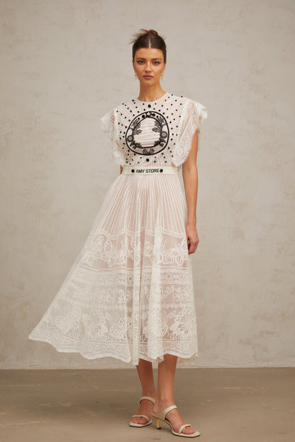 Phoebe white jacquard floral-lace pleated midi dress
