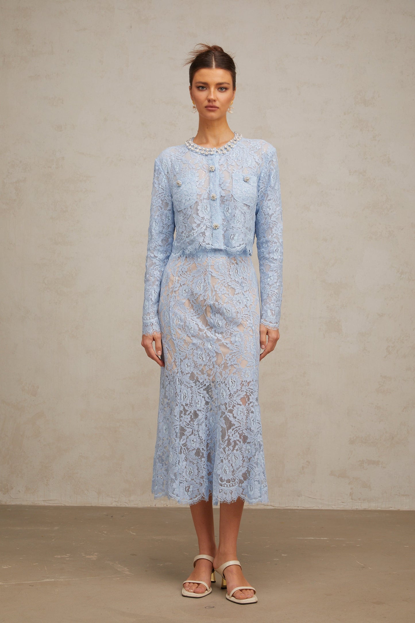 Ariane blue floral-lace top & skirt matching set