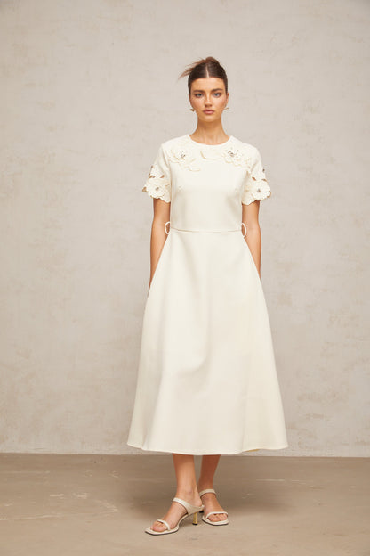 Orane neutrals floral-appliqué flared midi dress