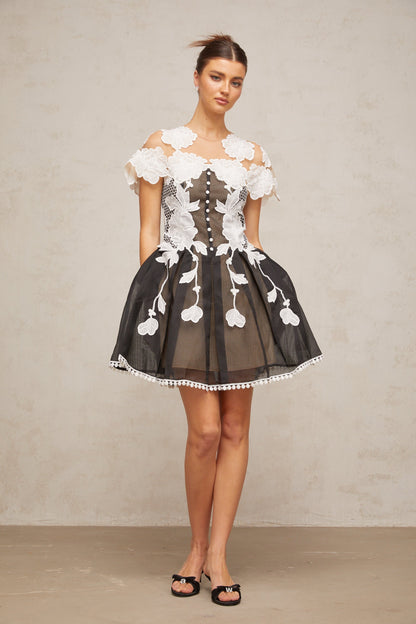 Sandrine color-blocked floral-embroidery mini dress