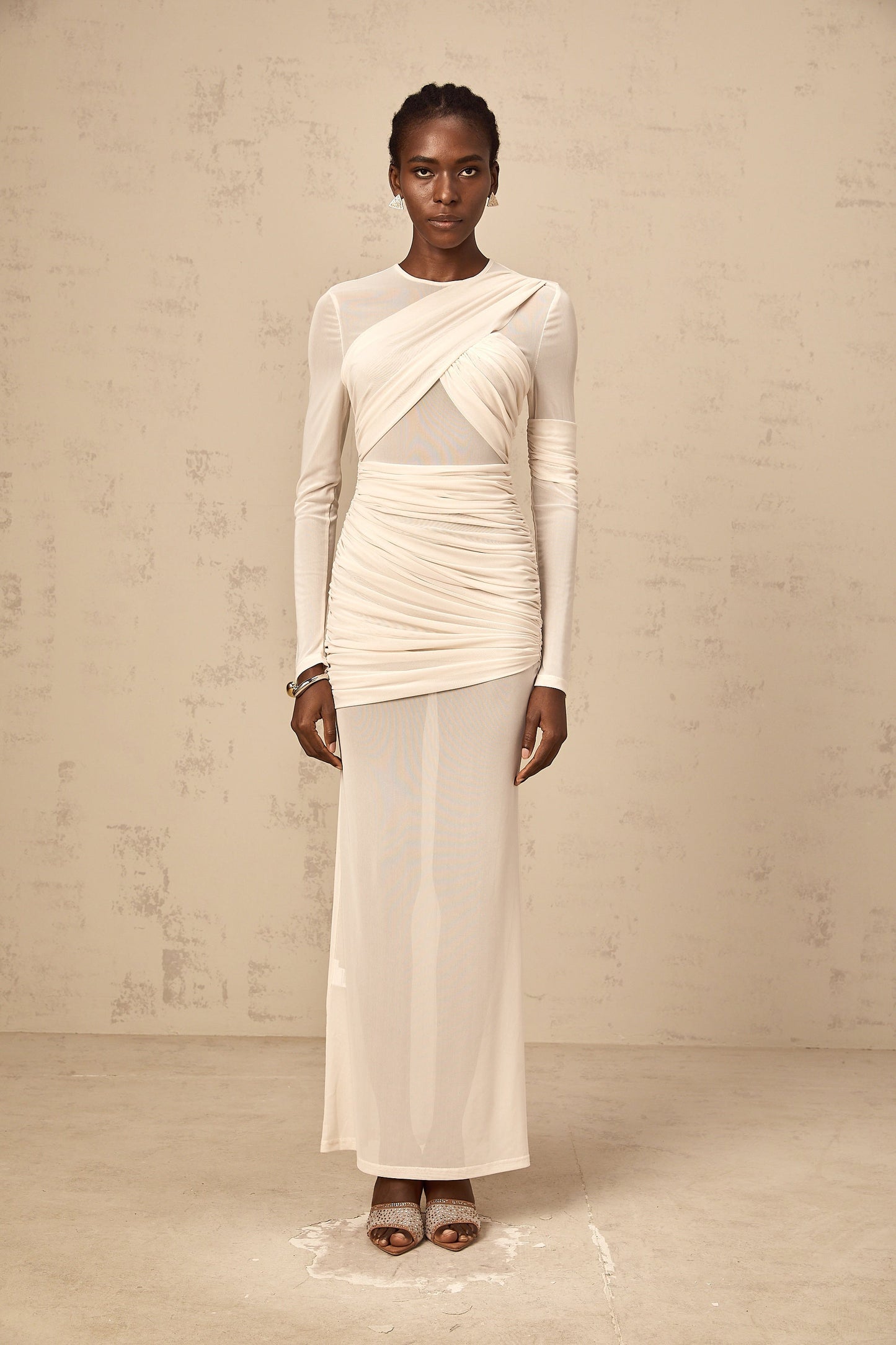 Véronique white ruched tulle maxi dress