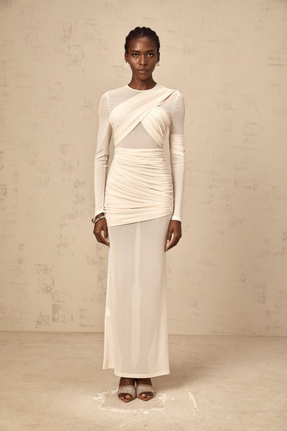 Véronique white ruched tulle maxi dress