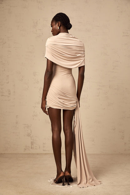 Gaëlle neutrals cape-design ruched fitted mini dress