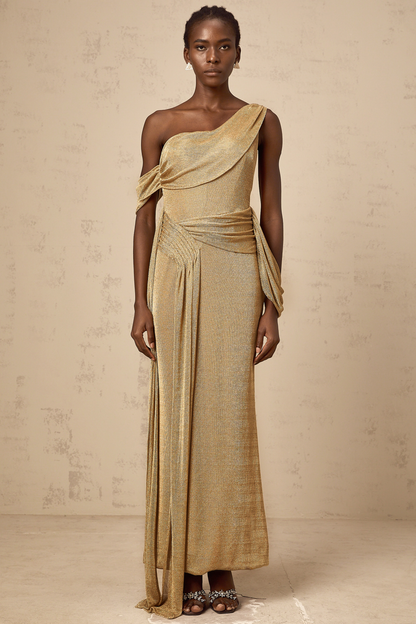 Anne gold ribbon-design gathered maxi dress