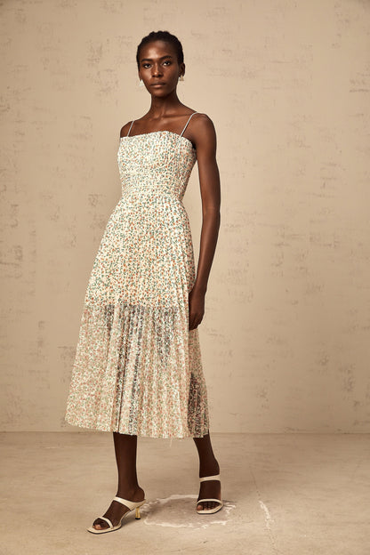 Marion white floral-print pleated midi dress