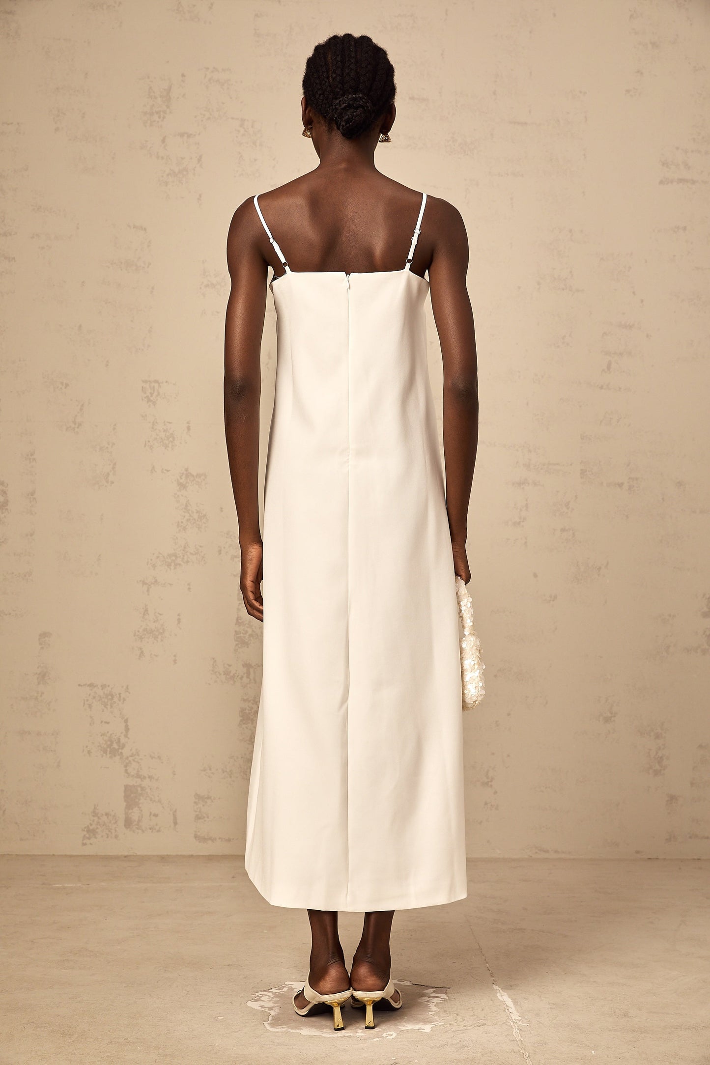 Véronique white 3d-petal sleeveless midi dress