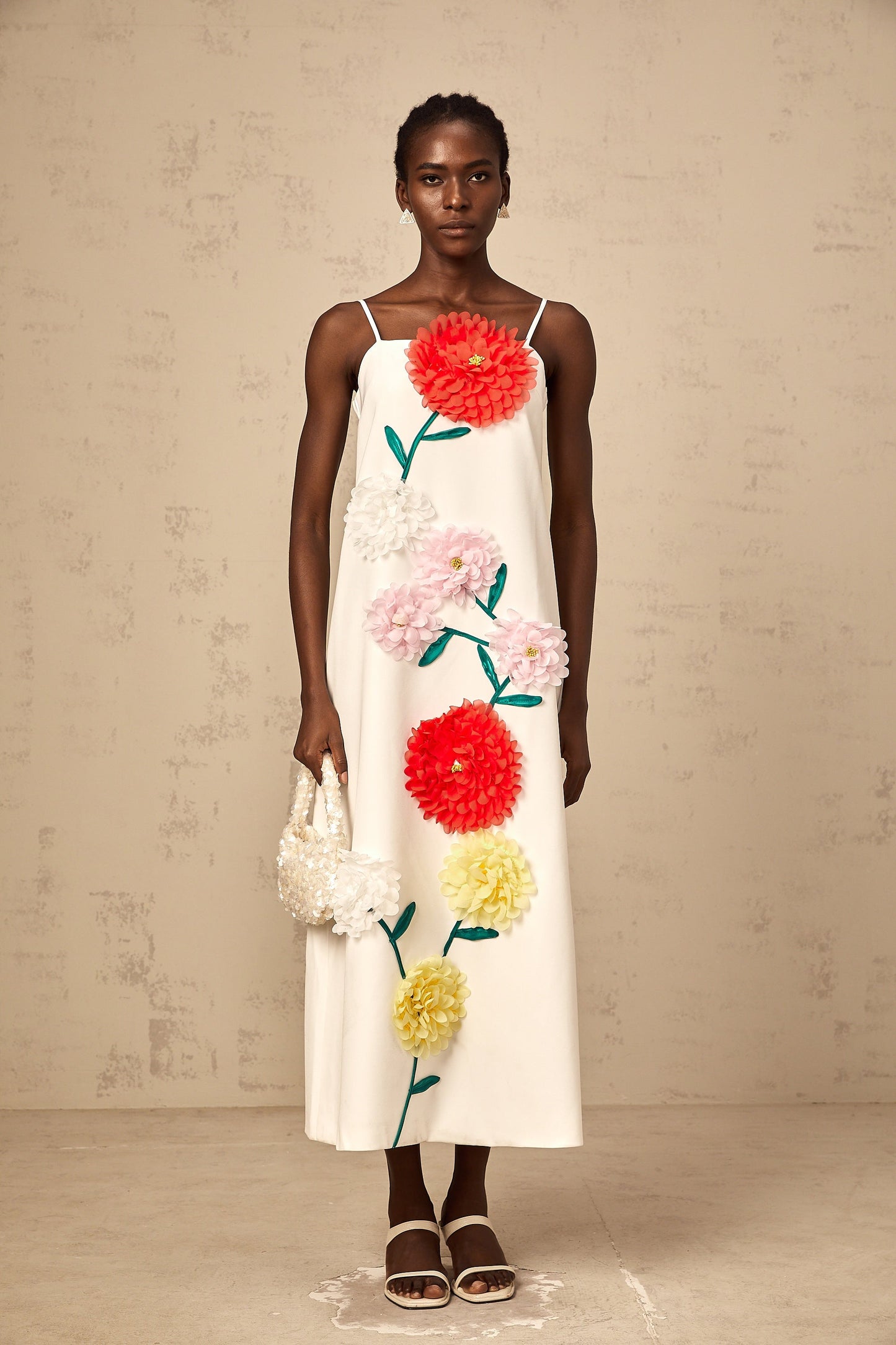 Véronique white 3d-petal sleeveless midi dress