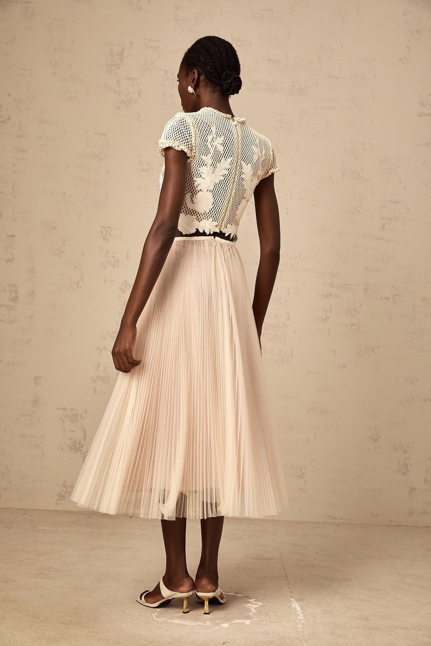 Perle neutrals floral-appliqué top & skirt matching set