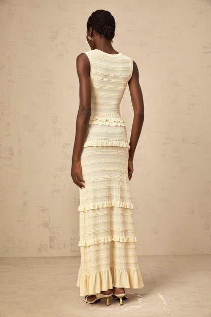 Airelle beige ruffled sleeveless knit maxi dress
