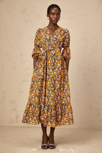 Éliane yellow V-neck floral-print midi dress