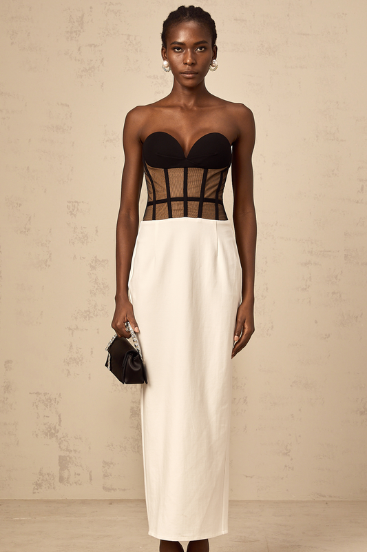 Enora contrast-color sheer corset maxi dress