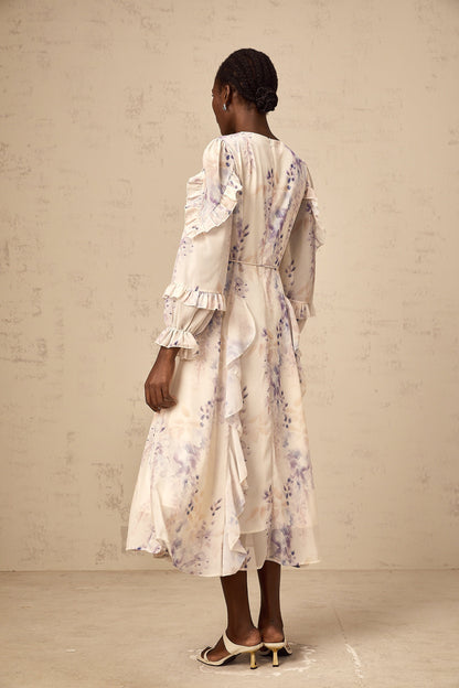 Vivien neutrals wistaria-print flared midi dress