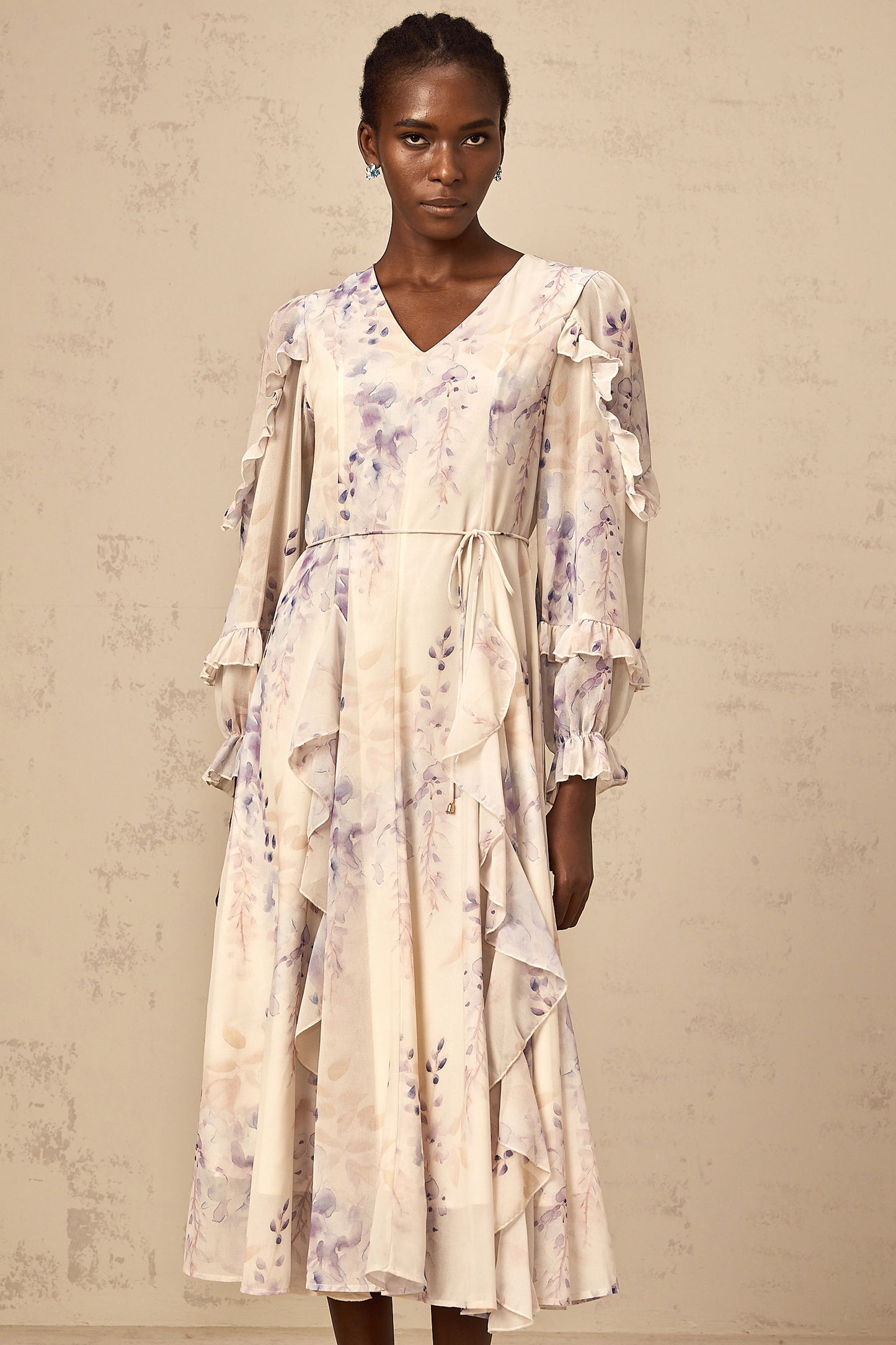 Vivien neutrals wistaria-print flared midi dress