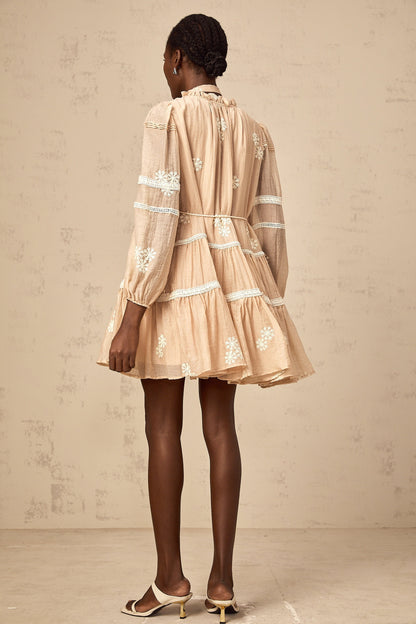 Margaux neutrals flower-embroidery tiered mini dress