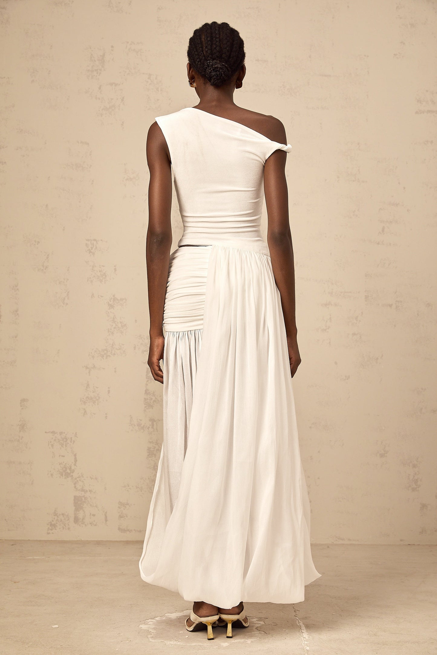 Eugenie white mono-shoulder shirred-panel maxi dress