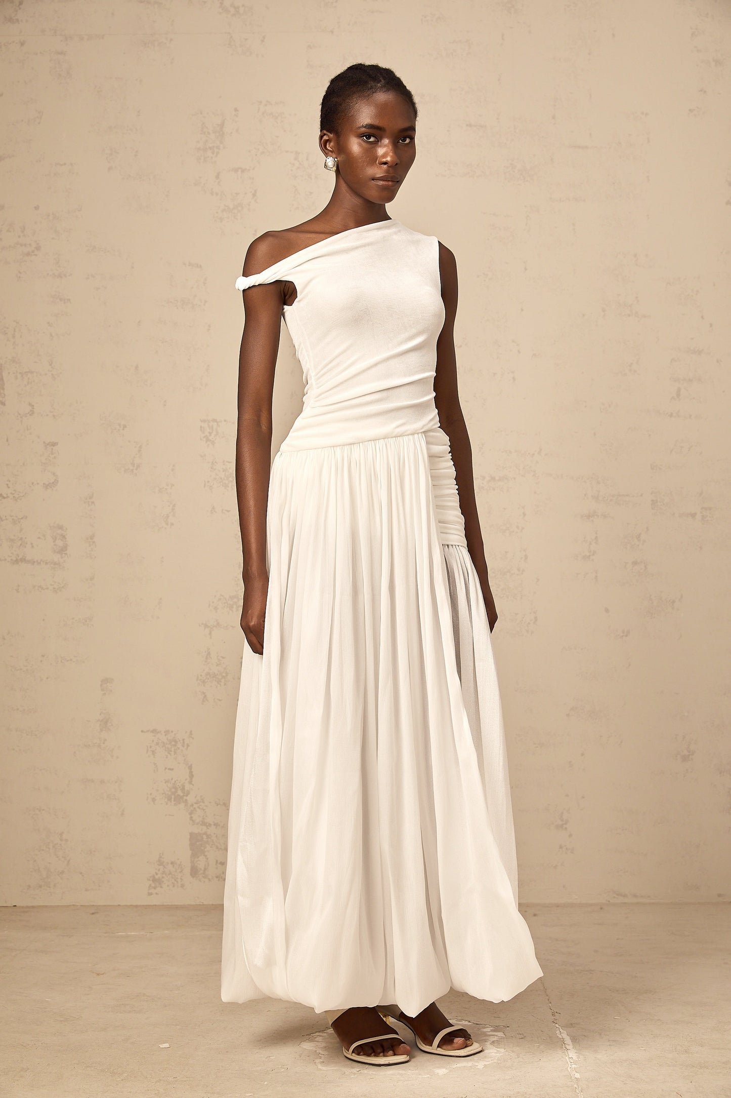 Eugenie white mono-shoulder shirred-panel maxi dress