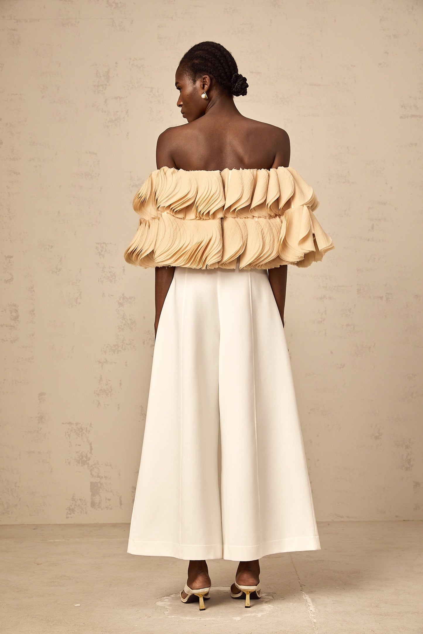 Elise neutrals off-shoulder shirred cropped top