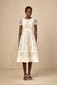 Clémence white flower-embroidery midi dress