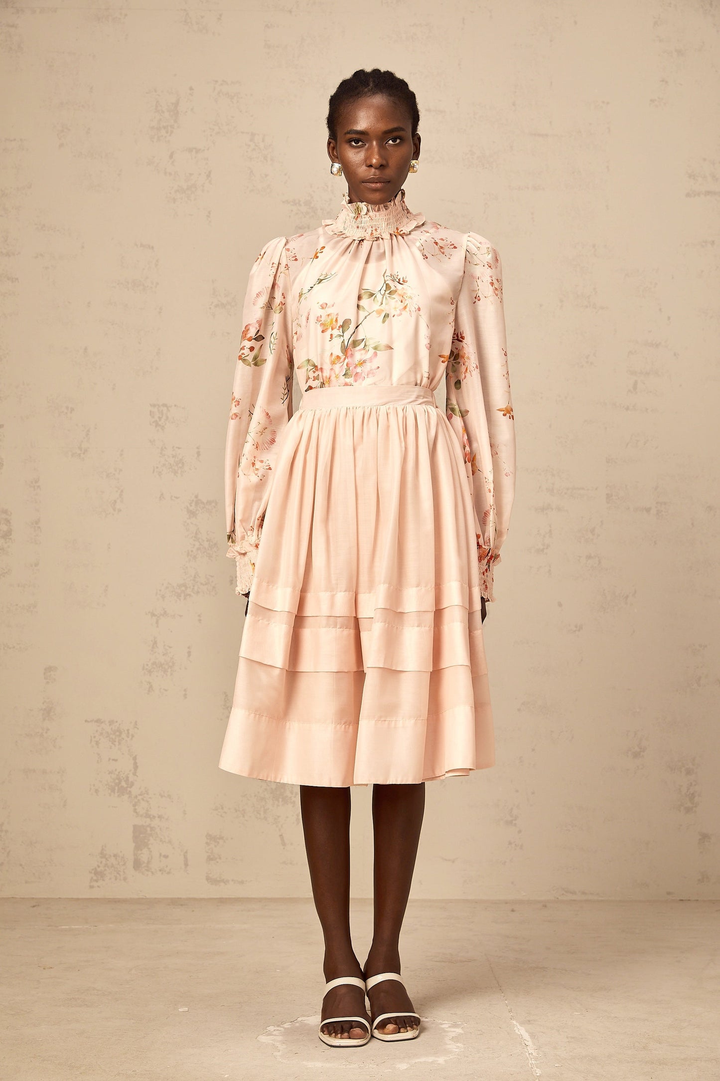Natacha pink-beige floral-print blouse & skirt matching set