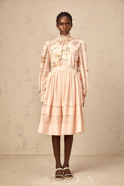 Natacha pink-beige floral-print blouse & skirt matching set