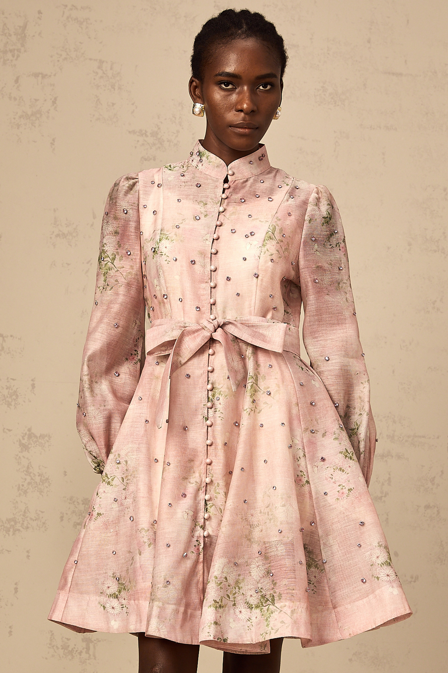 Narcisse pink embellished floral-print mini dress