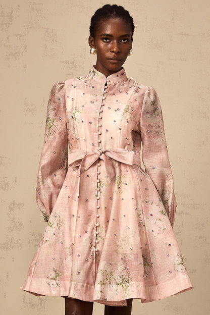 Narcisse pink embellished floral-print mini dress