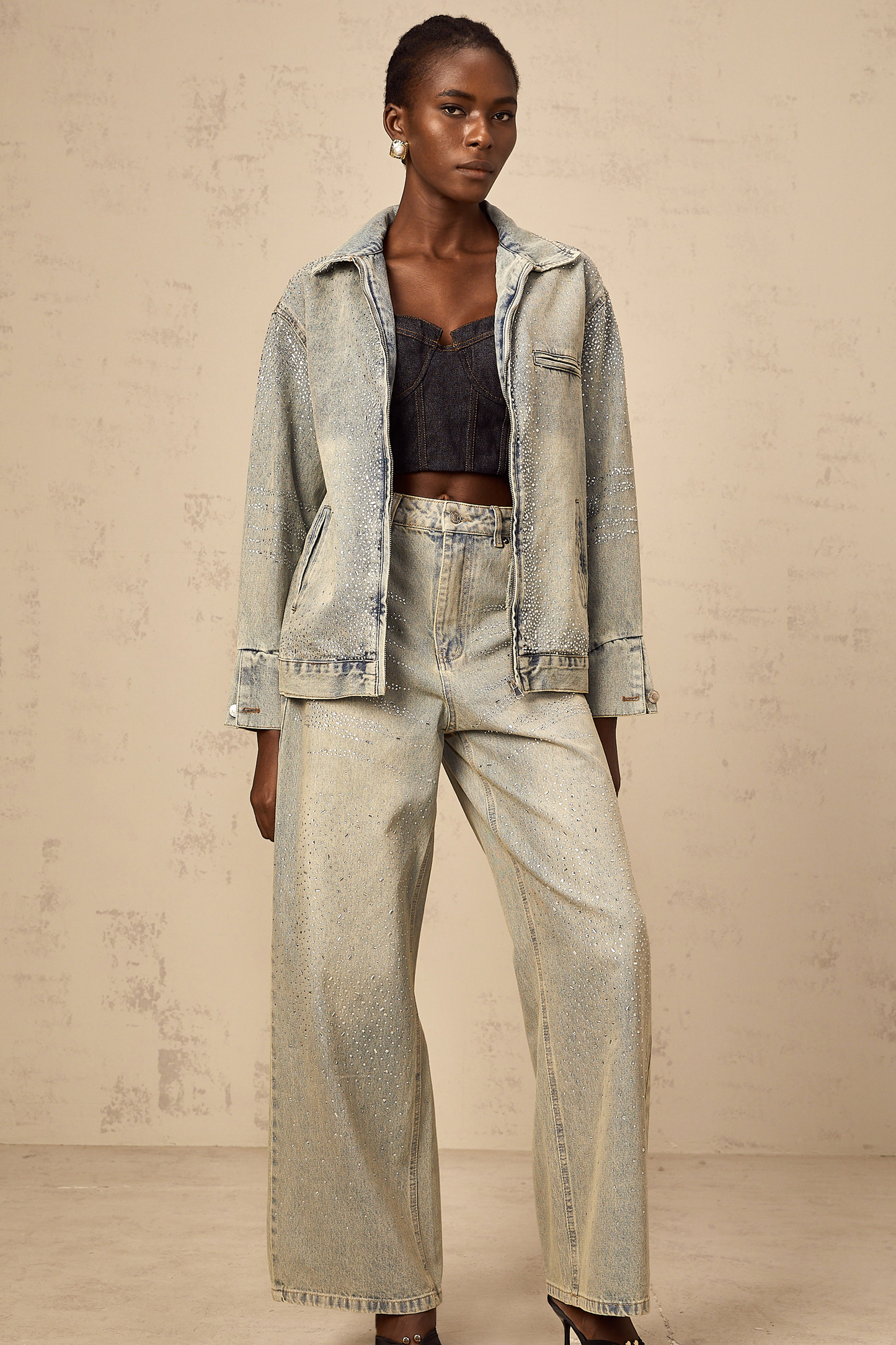 Irina light-blue rhinestone denim matching set