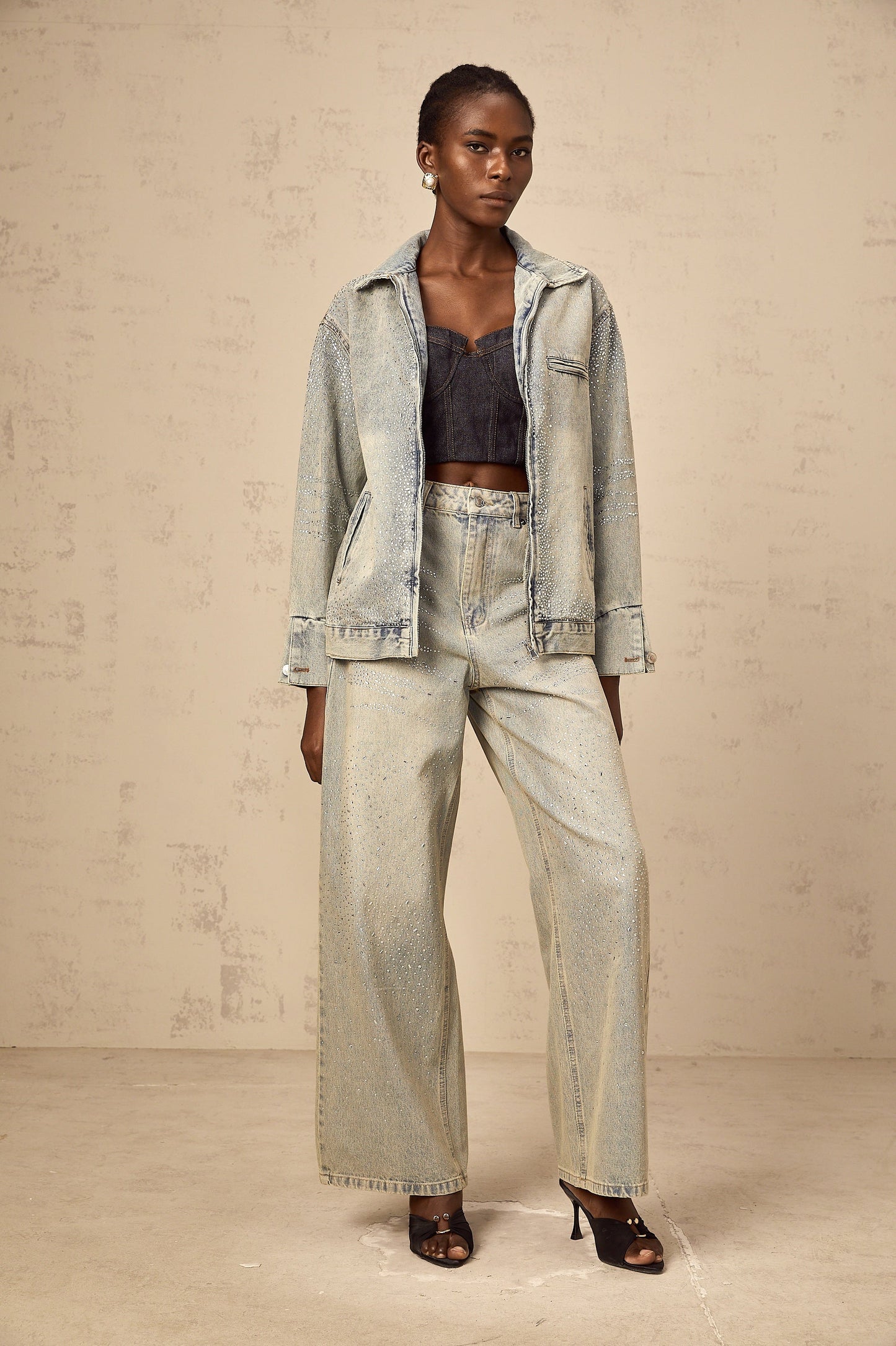Irina light-blue rhinestone denim matching set