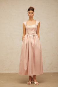 Madeleine pink A-line satin midi dress