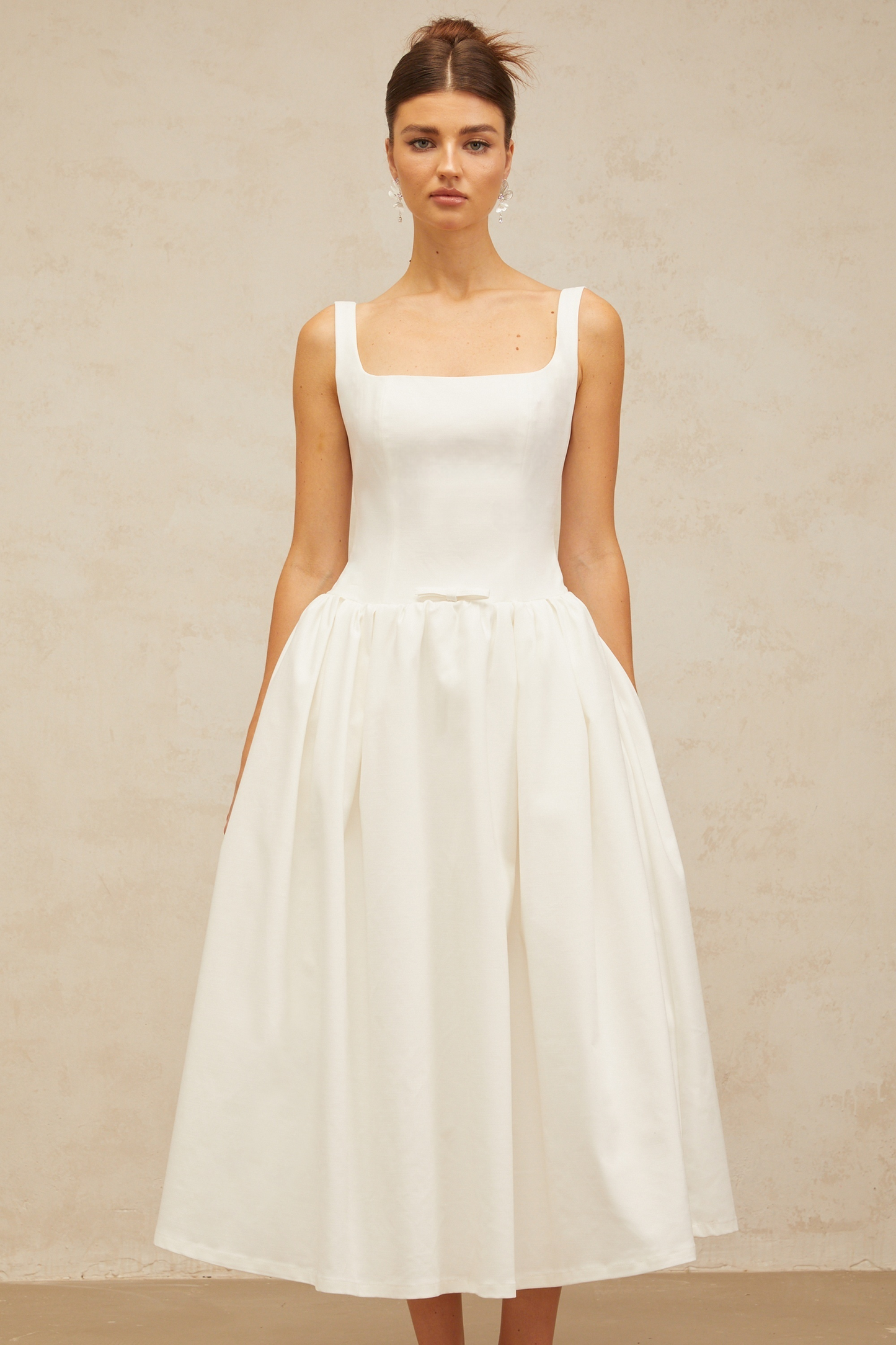 Perrine white bowknot flounce midi dress