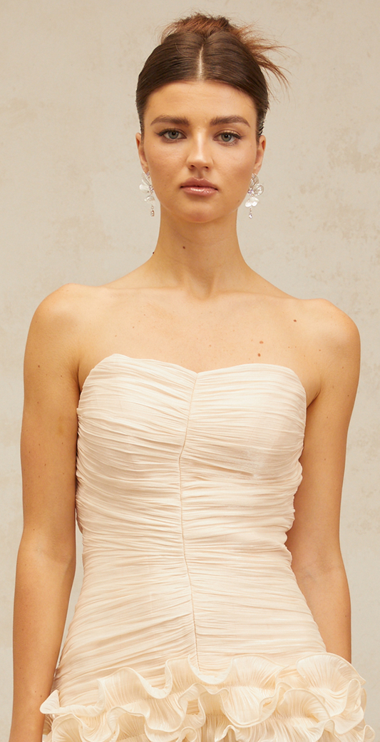 Céleste neutrals ruffled pleated maxi dress