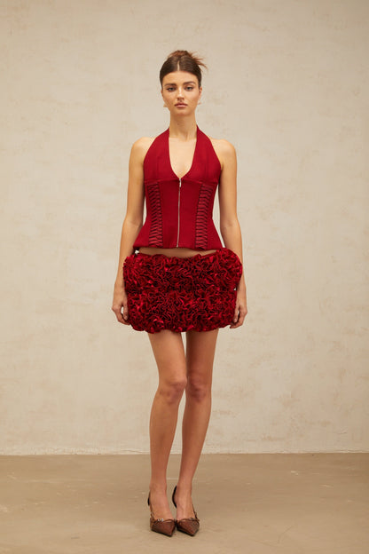 Paloma red halterneck lace-up top