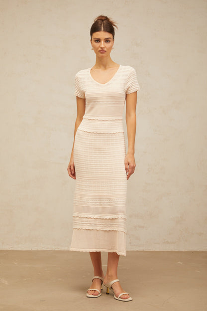 Sophie neutrals ruffled-trim crochet-knit midi dress