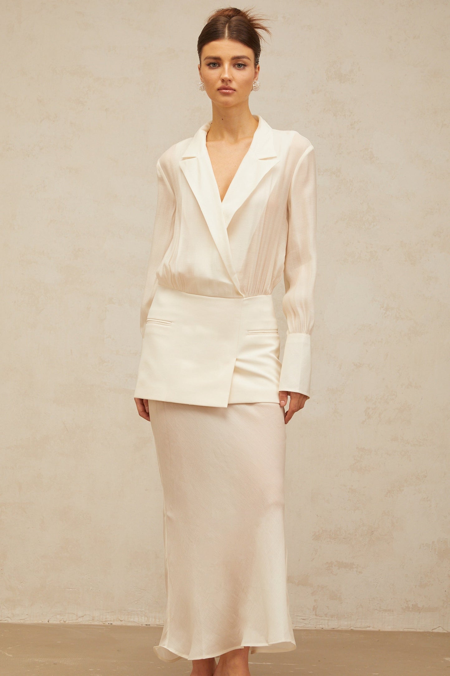 Gisèle white panelled semi-sheer maxi dress