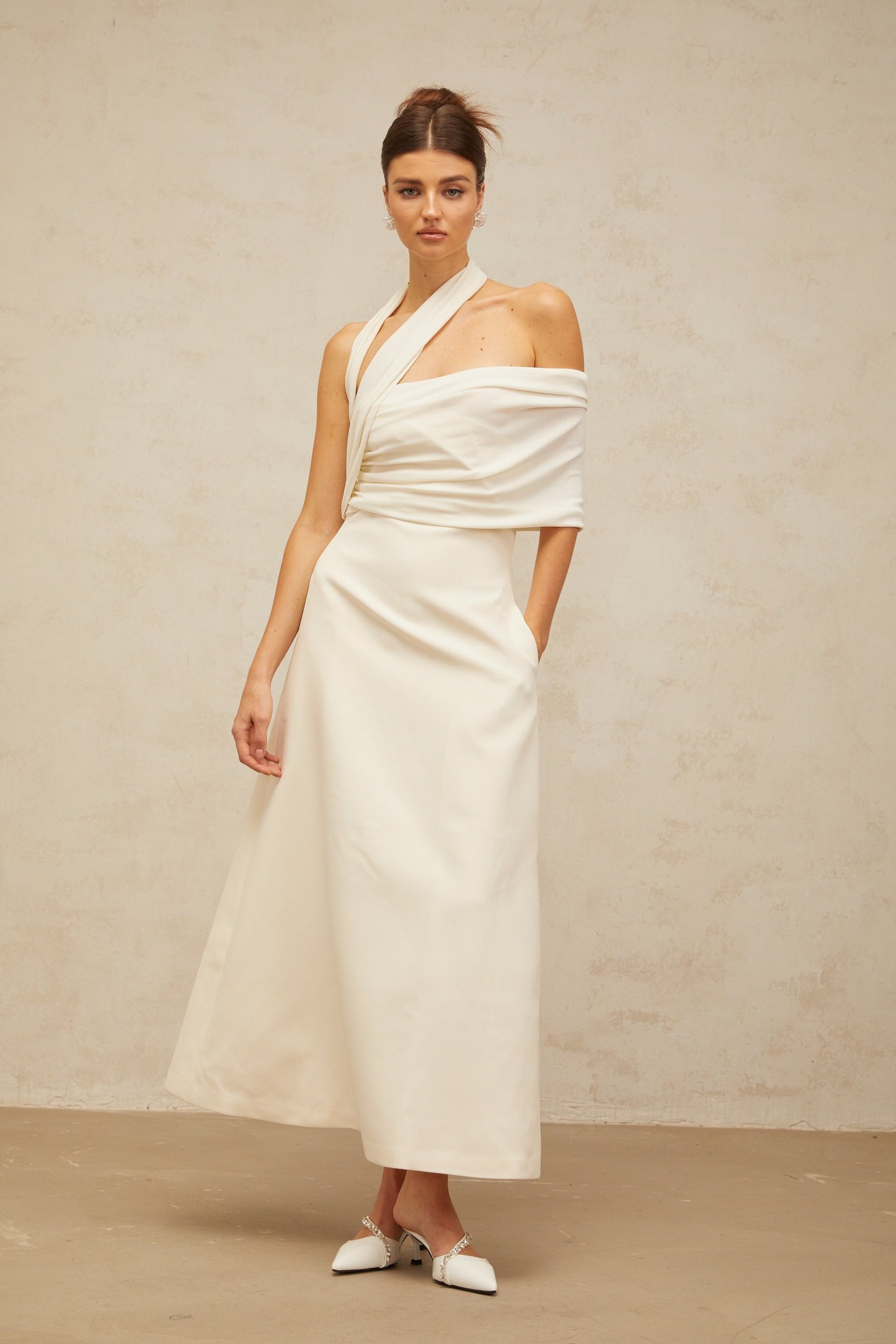 Solène cream-white asymmetric midi dress