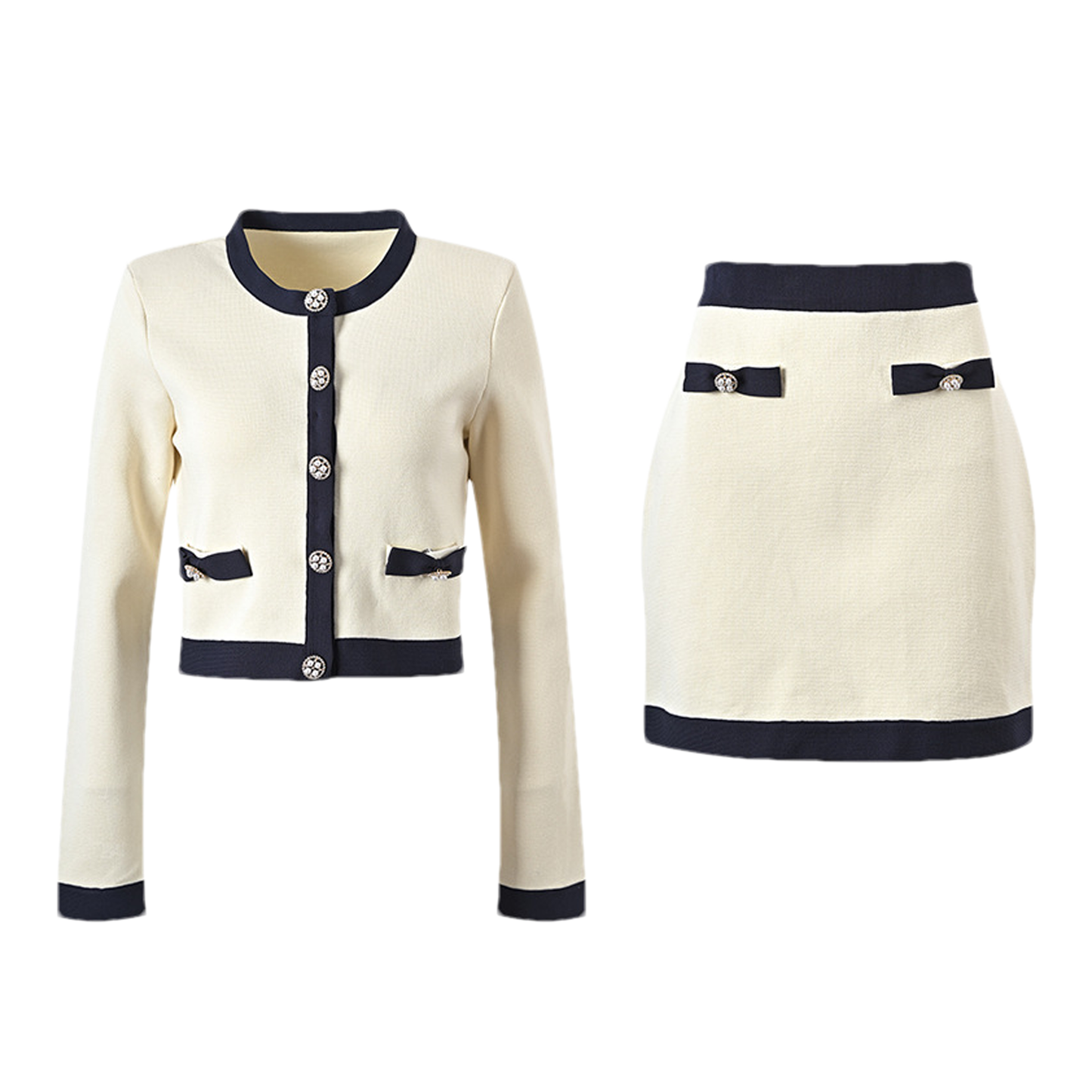 Émeline bow-detail knitted cardigan & skirt matching set