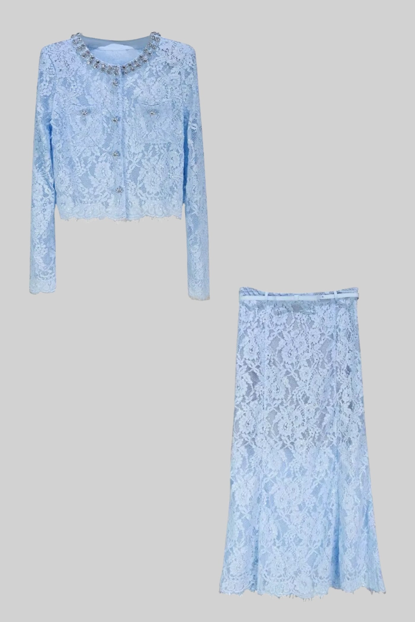 Sparkling Neckline Embellishments And Midi Skirt